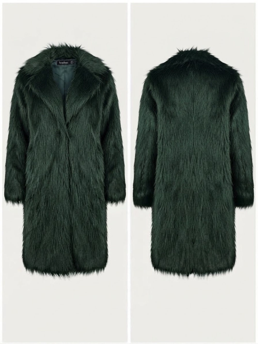 BOOHOO Dark Hunter Green Shaggy Faux Fur Knee-Length Coat (Size US 4 / UK 8)